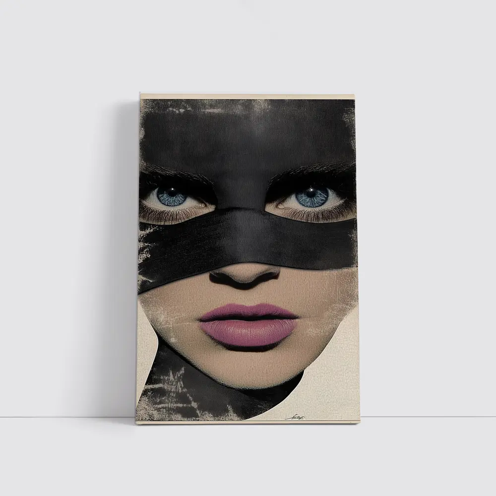 Woman Blue Eyes Black Mask Portrait Art – Wall Art