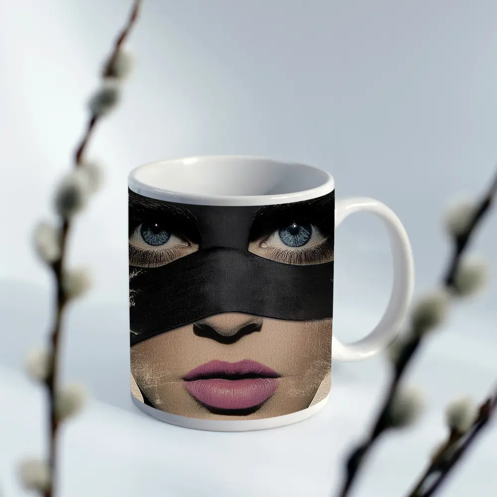 Woman Blue Eyes Black Mask Portrait Art – Mugs