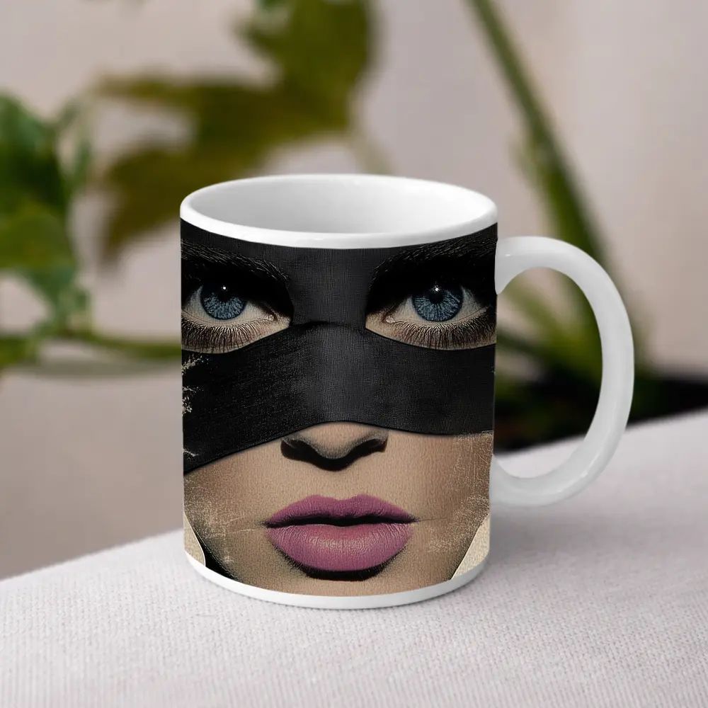 Woman Blue Eyes Black Mask Portrait Art – Mugs