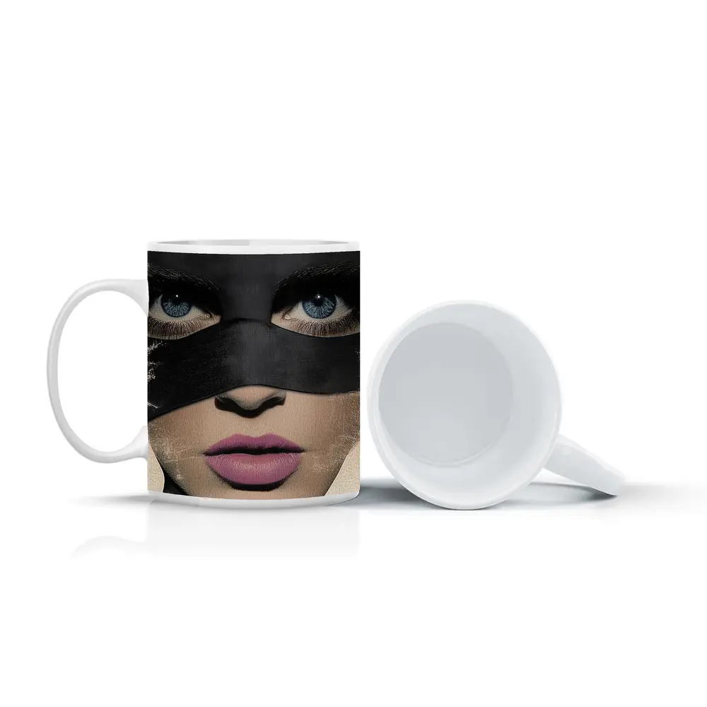 Woman Blue Eyes Black Mask Portrait Art – Mugs