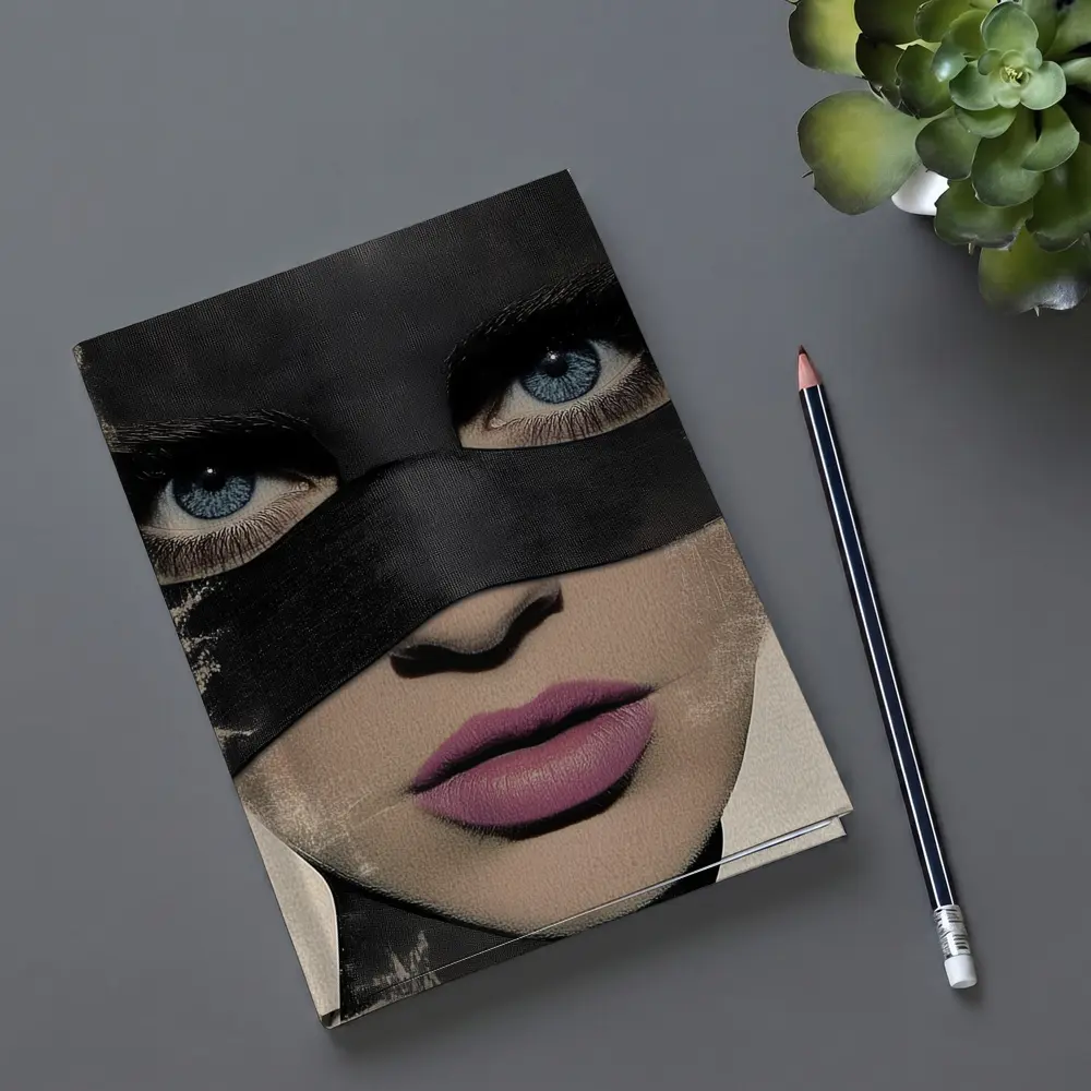 Woman Blue Eyes Black Mask Portrait Art – Notebooks