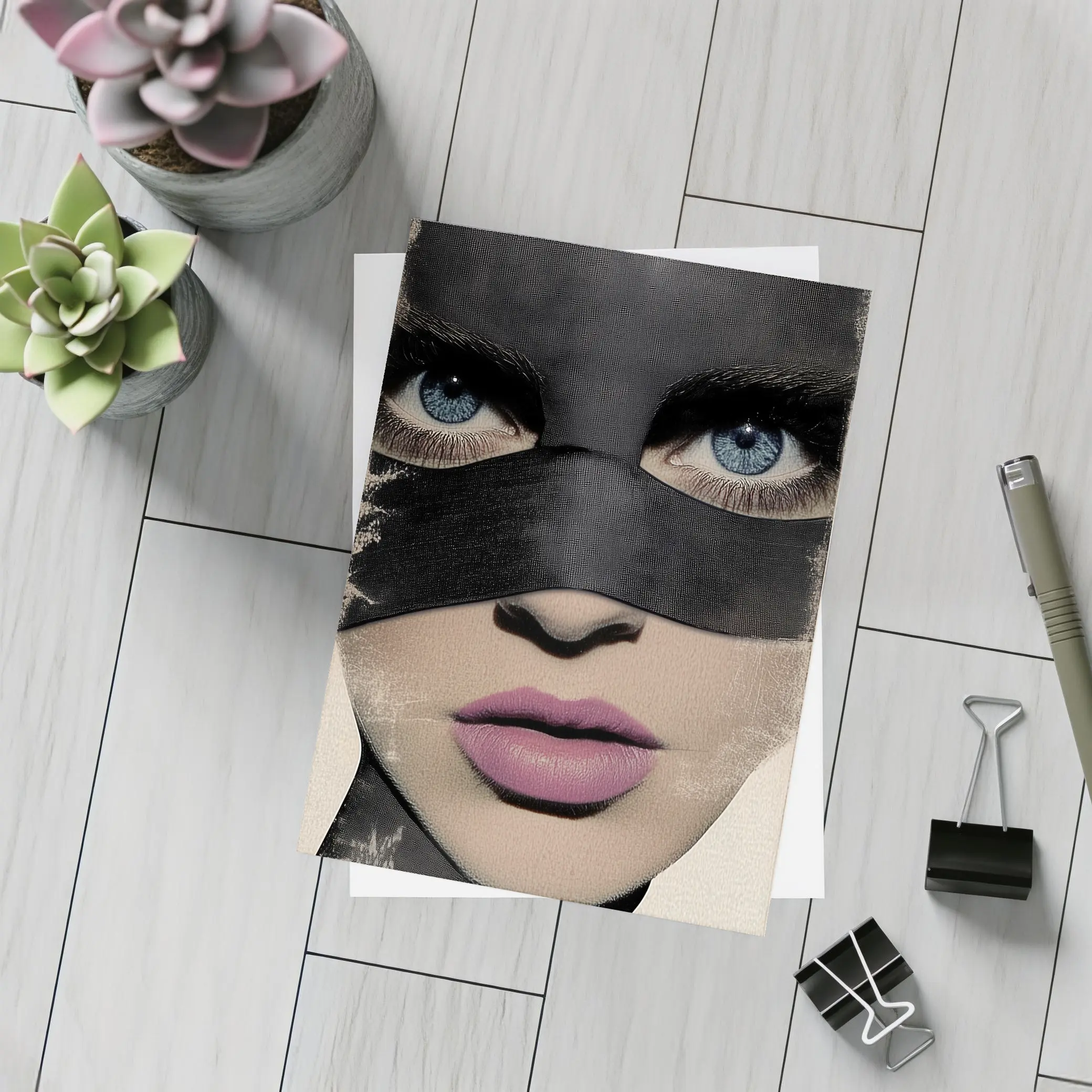 Woman Blue Eyes Black Mask Portrait Art – Postcards