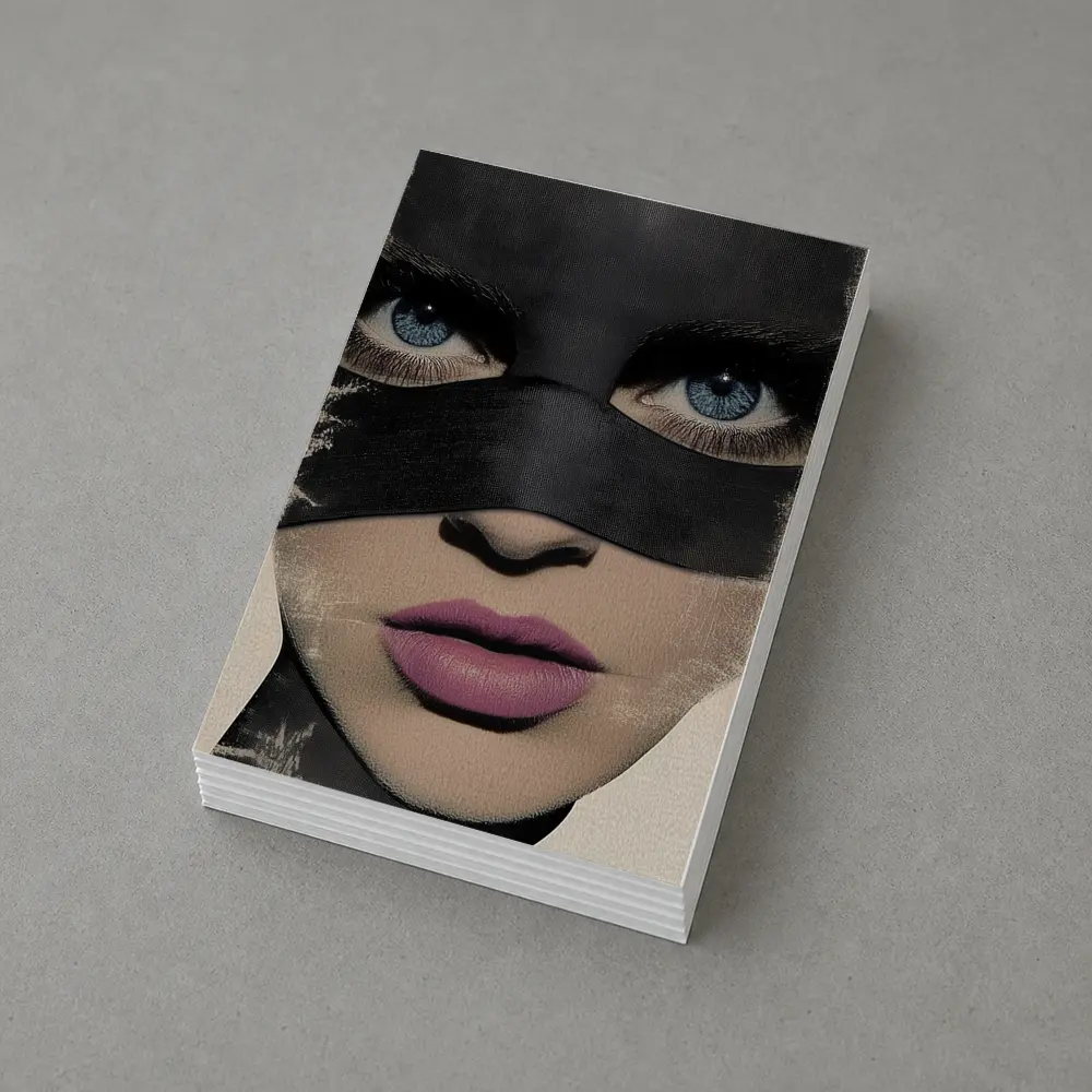 Woman Blue Eyes Black Mask Portrait Art – Postcards