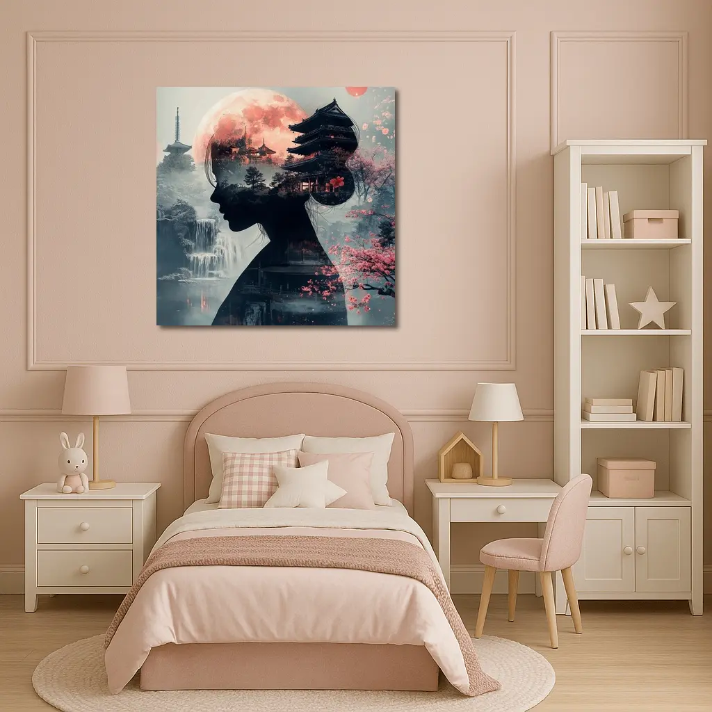 Japanese Woman Silhouette Pagoda Cherry Blossoms Moon – Wall Art