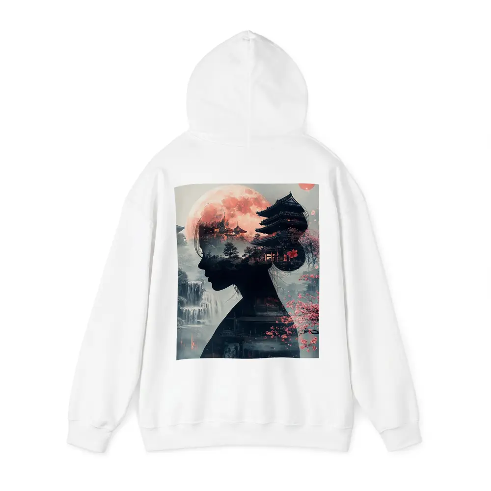 Japanese Woman Silhouette Pagoda Cherry Blossoms Moon – Hoodies
