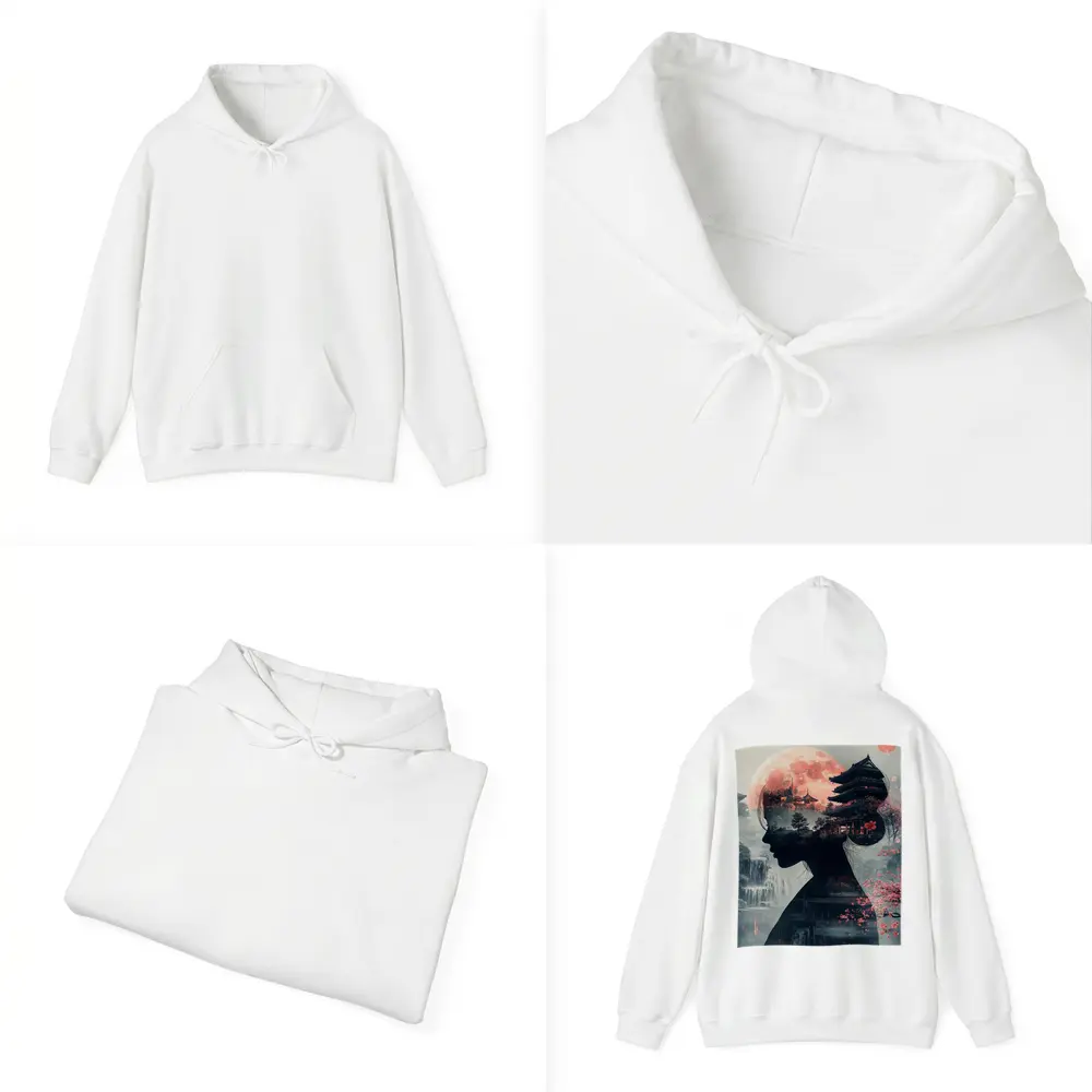 Japanese Woman Silhouette Pagoda Cherry Blossoms Moon – Hoodies