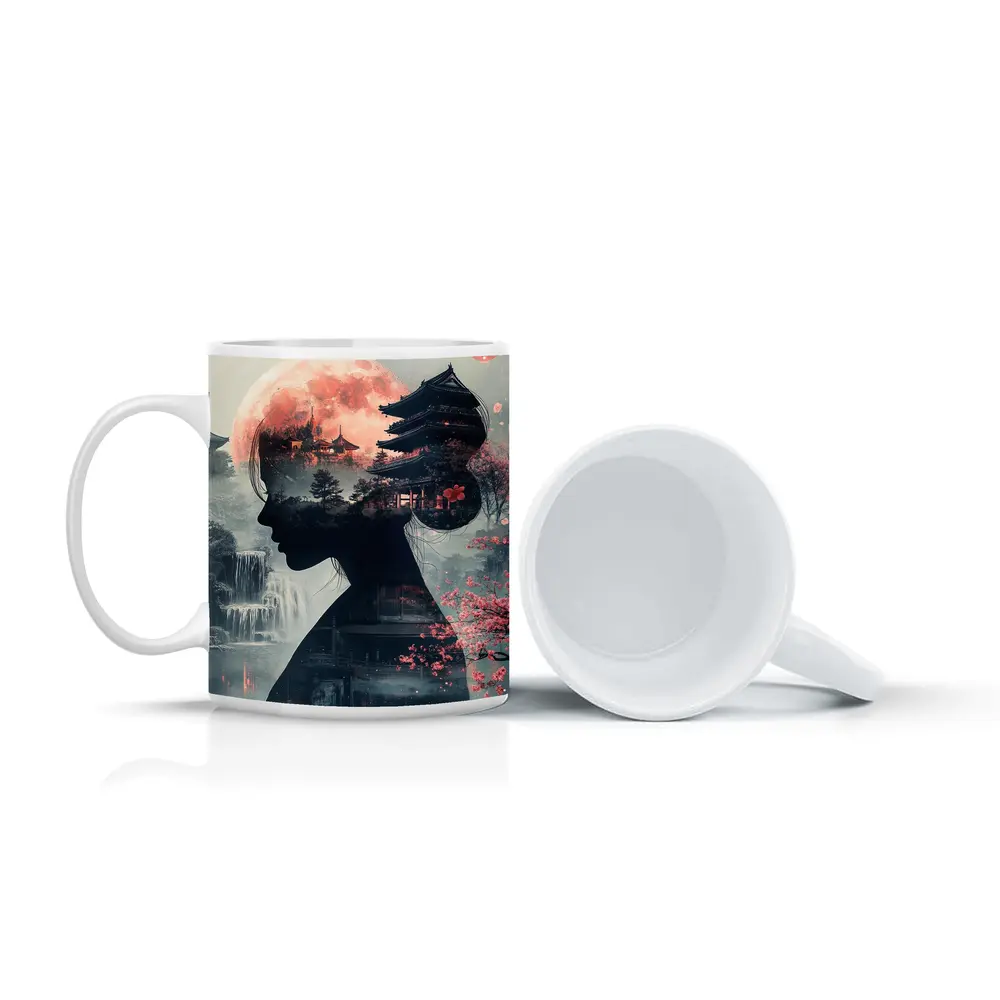 Japanese Woman Silhouette Pagoda Cherry Blossoms Moon – Mugs
