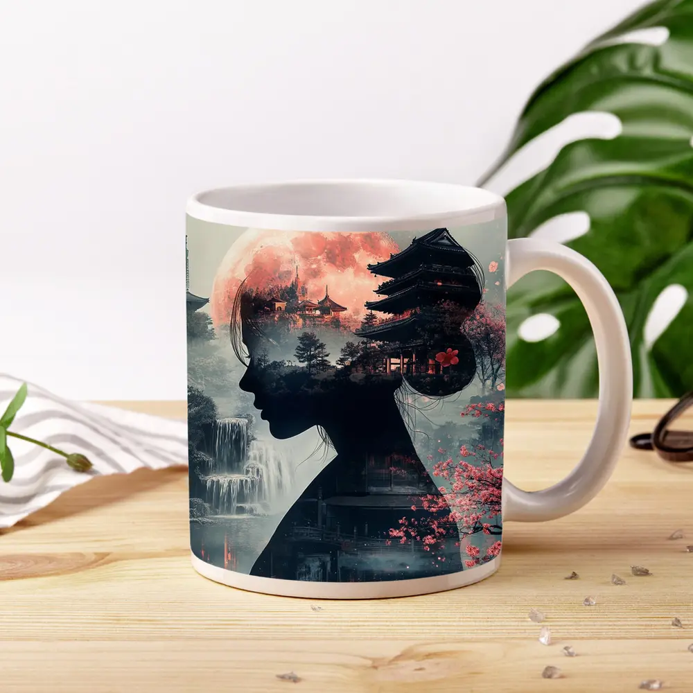 Japanese Woman Silhouette Pagoda Cherry Blossoms Moon – Mugs