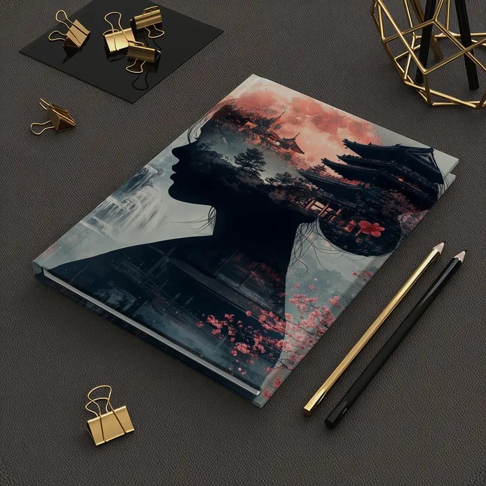 Japanese Woman Silhouette Pagoda Cherry Blossoms Moon – Notebooks
