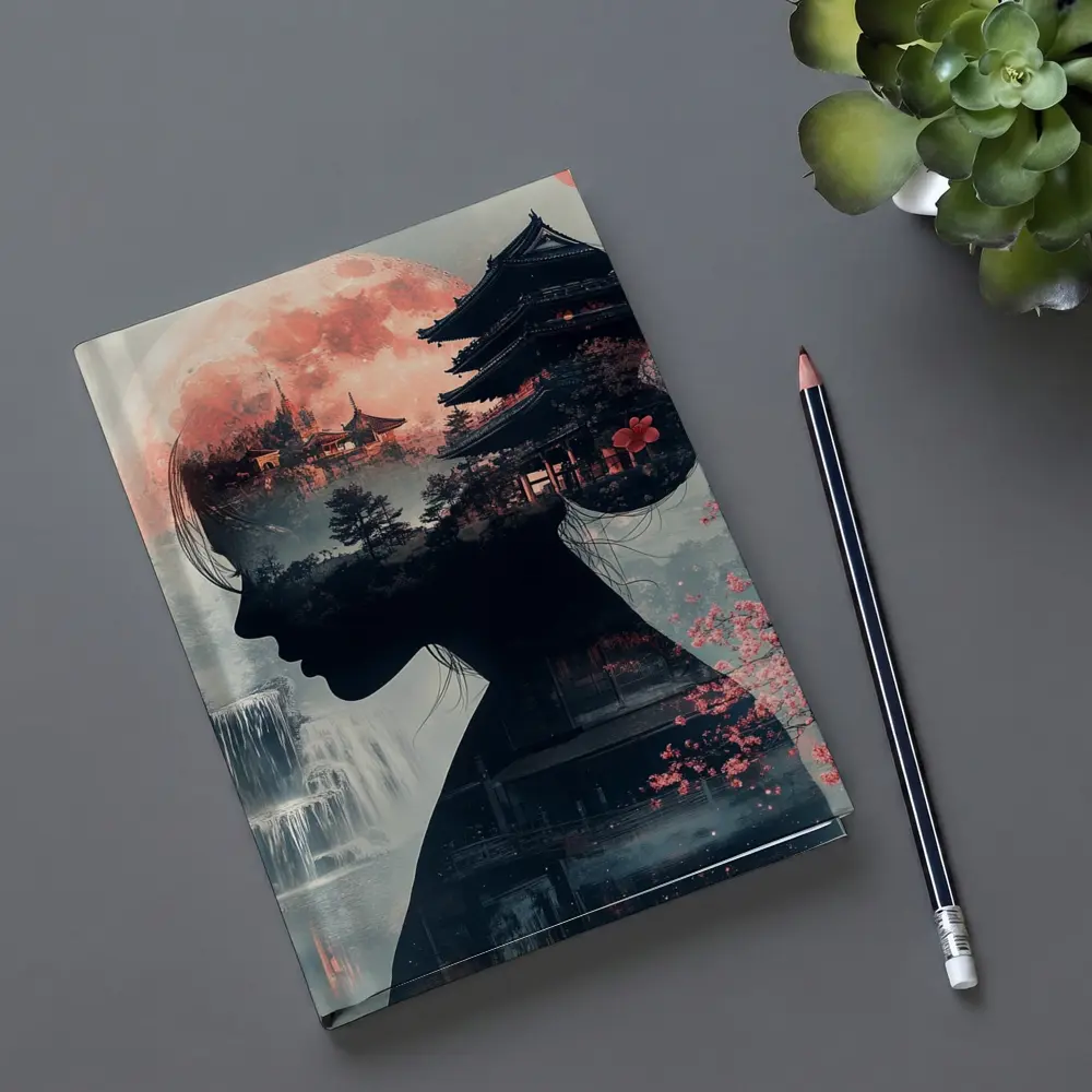 Japanese Woman Silhouette Pagoda Cherry Blossoms Moon – Notebooks