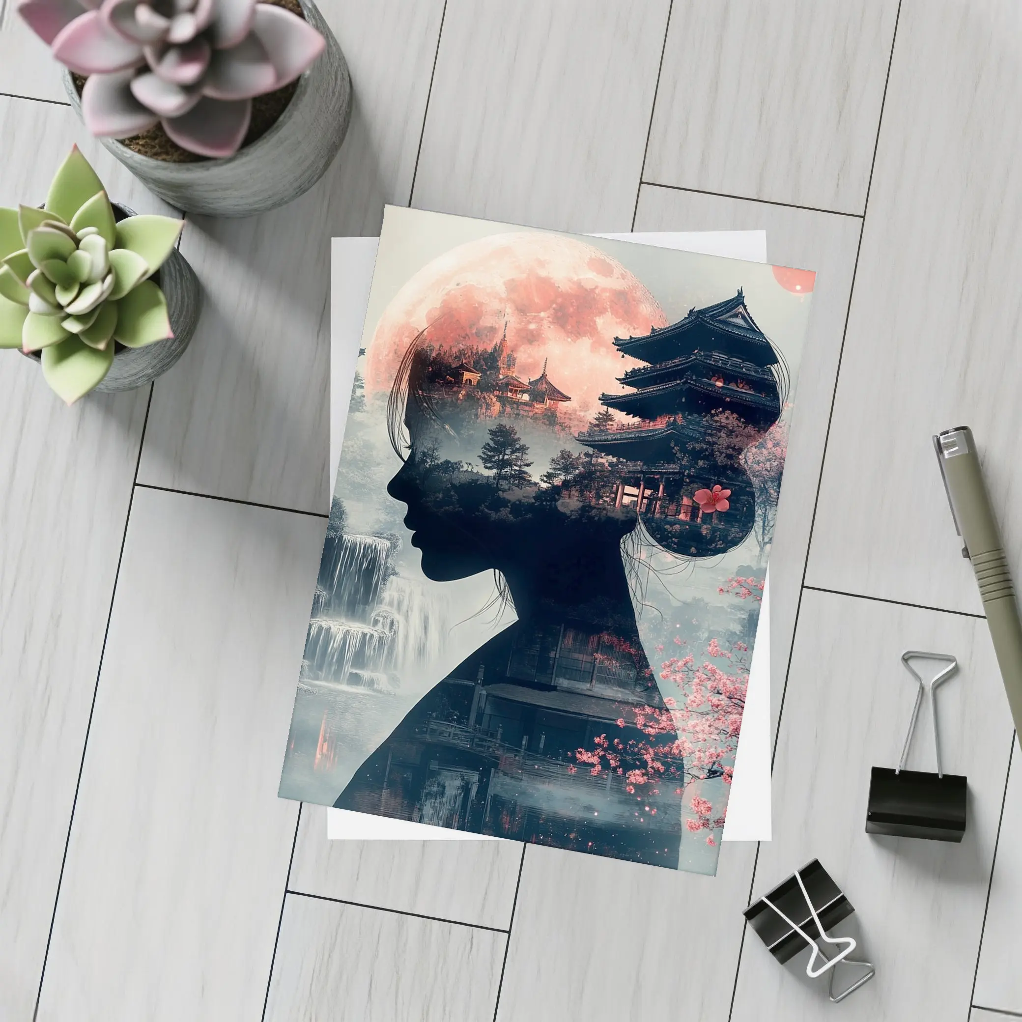 Japanese Woman Silhouette Pagoda Cherry Blossoms Moon – Postcards