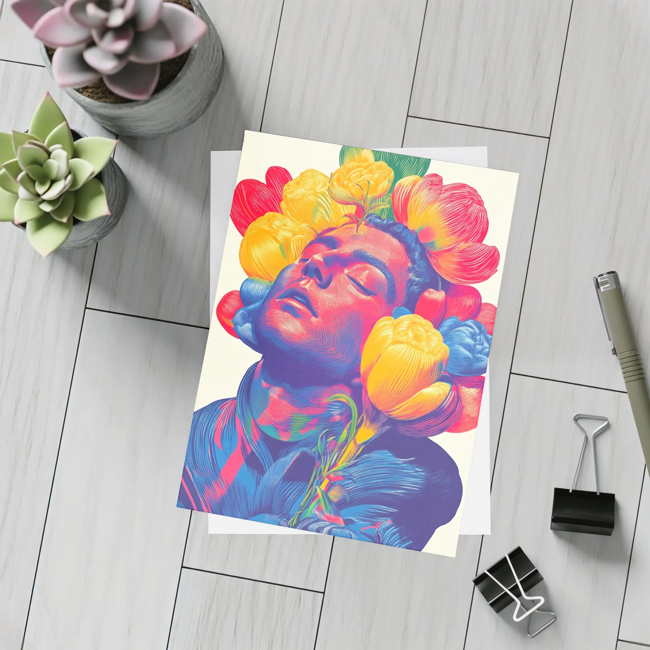 Man With Colorful Flowers Surreal Pop Art – Postcards