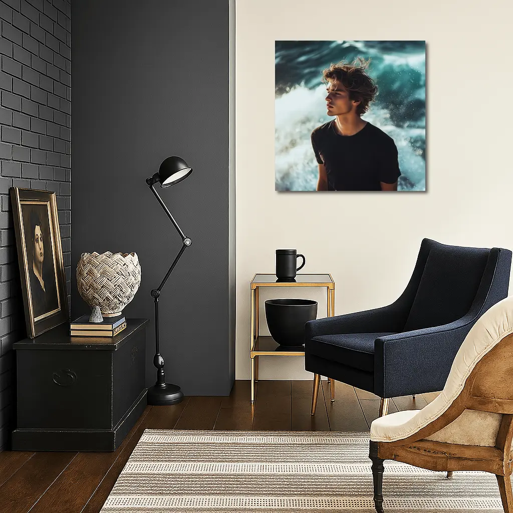 Young Man Standing By Ocean Waves – Wall Art