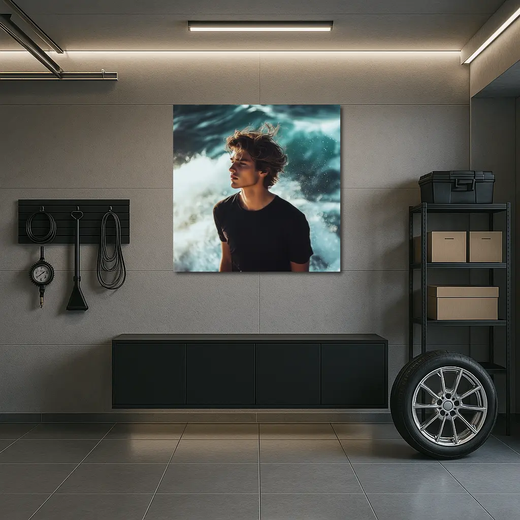 Young Man Standing By Ocean Waves – Wall Art