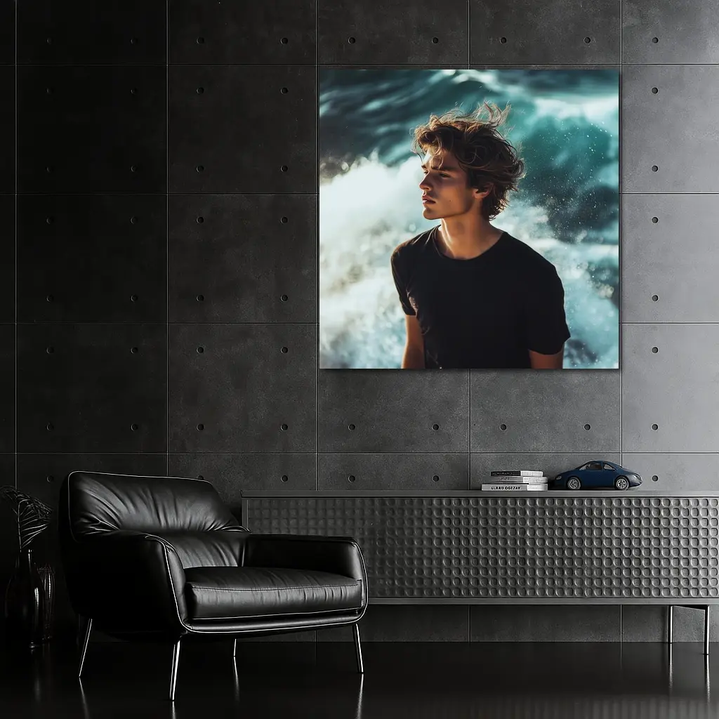 Young Man Standing By Ocean Waves – Wall Art