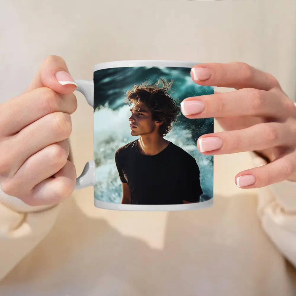Young Man Standing By Ocean Waves – Mugs