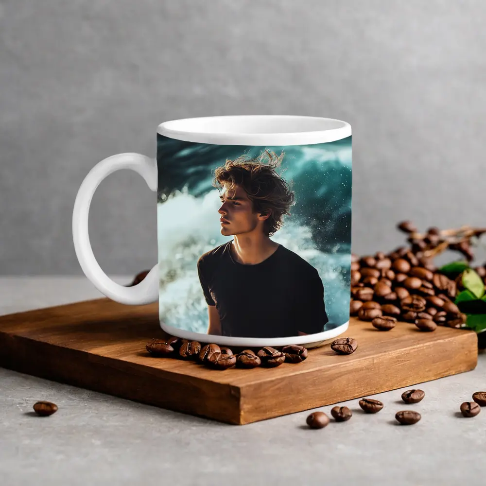 Young Man Standing By Ocean Waves – Mugs