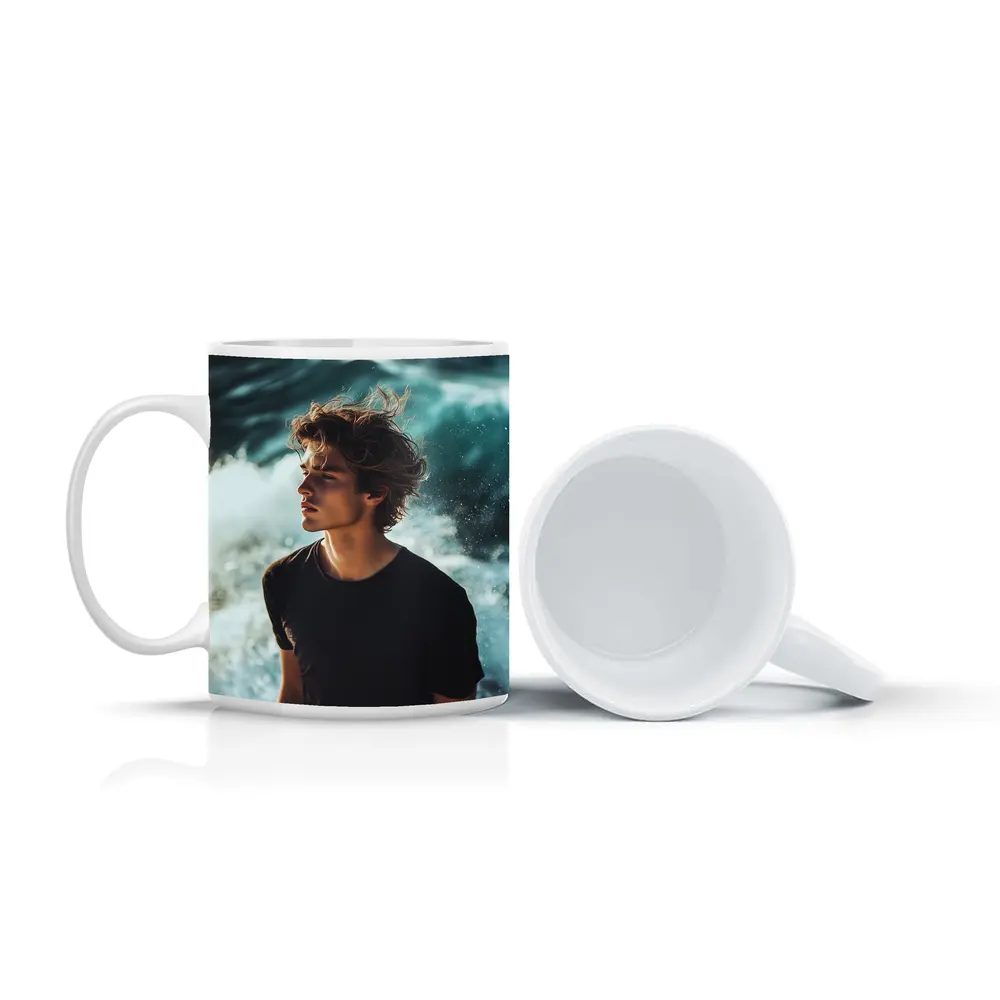 Young Man Standing By Ocean Waves – Mugs