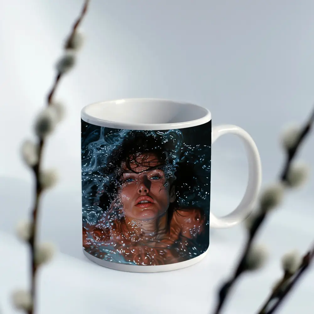 Woman Submerged in Dark Blue Water – Mugs