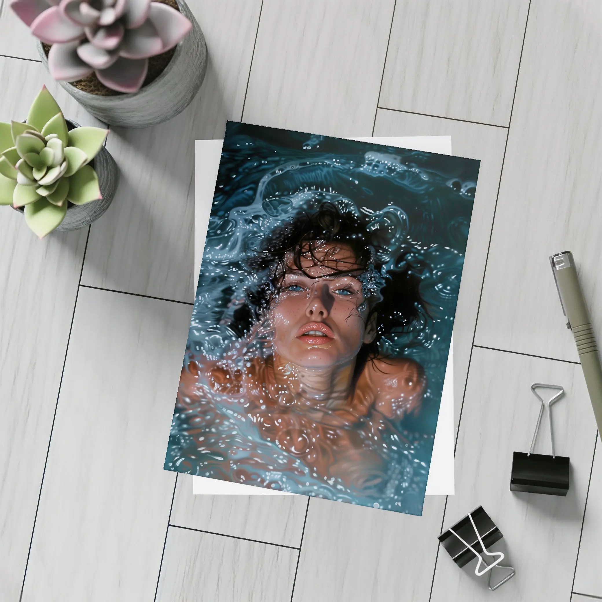 Woman Submerged in Dark Blue Water – Postcards