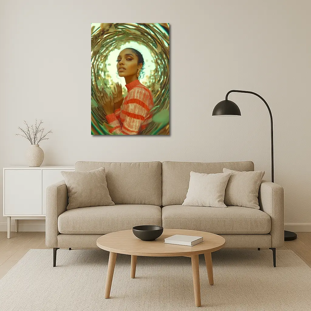 Woman in Orange Stripes Gold Botanical Frame – Wall Art