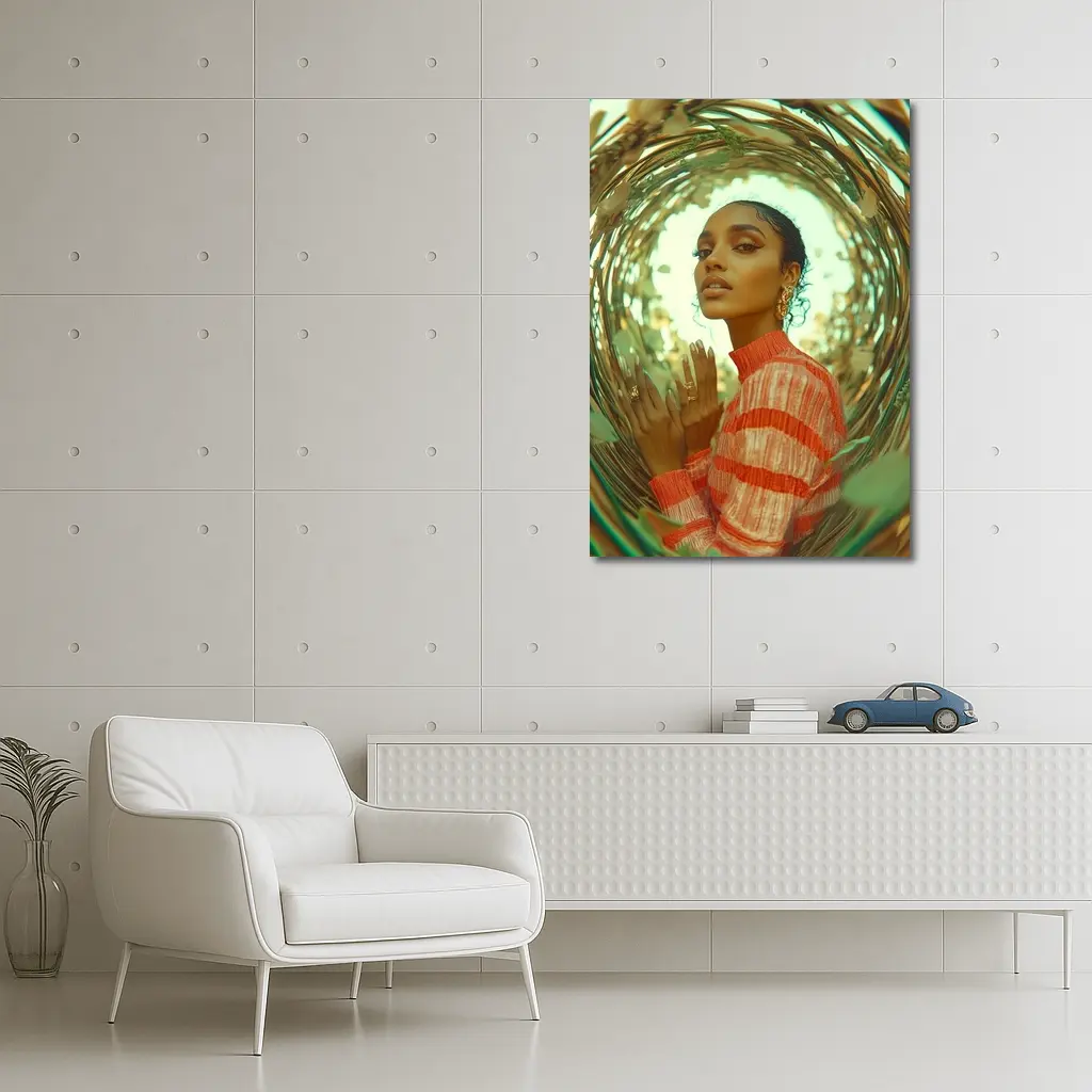 Woman in Orange Stripes Gold Botanical Frame – Wall Art