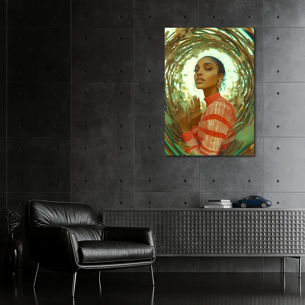 Woman in Orange Stripes Gold Botanical Frame – Wall Art