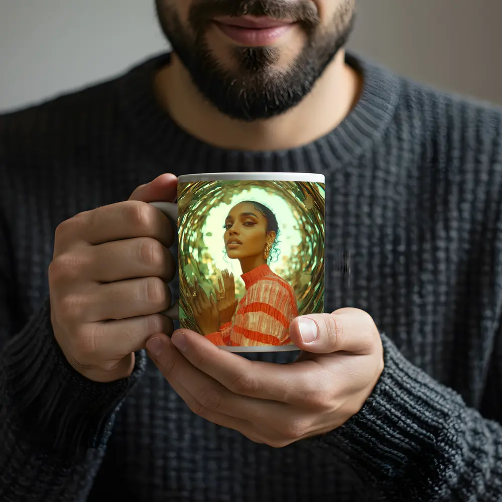 Woman in Orange Stripes Gold Botanical Frame – Mugs