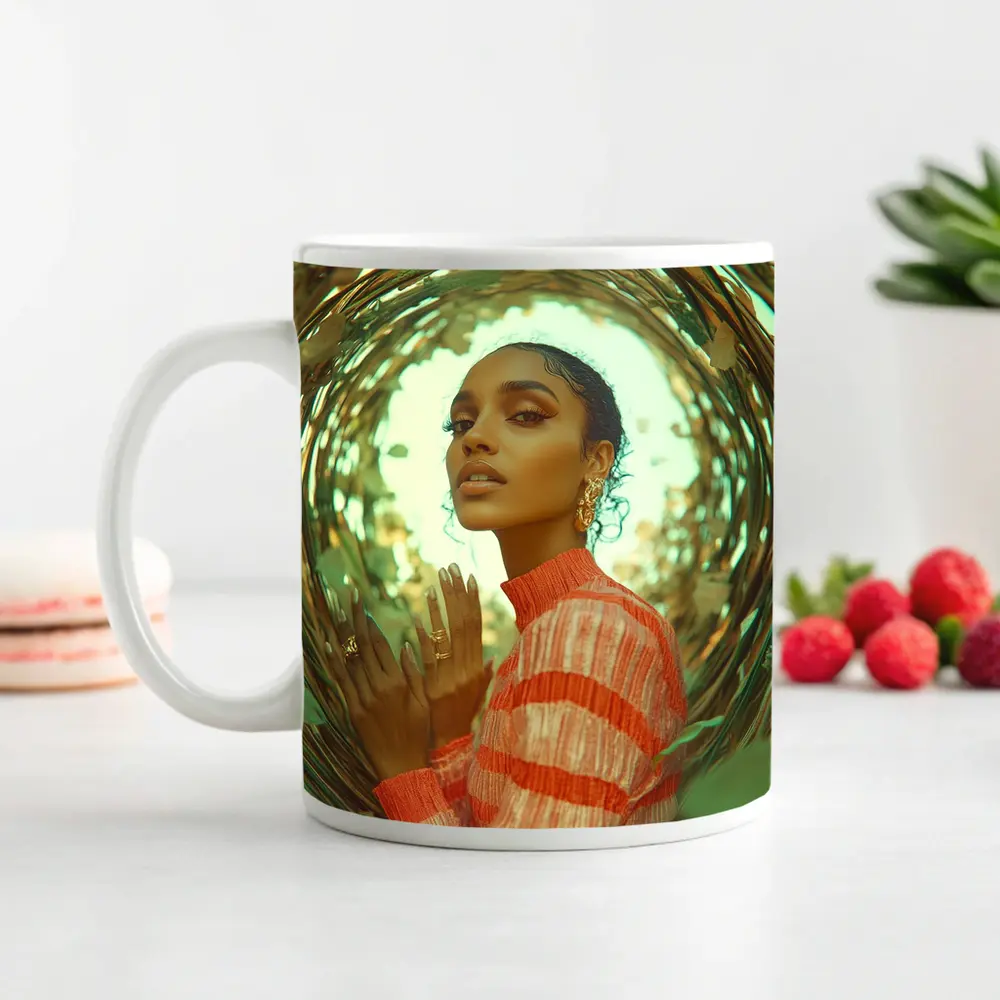 Woman in Orange Stripes Gold Botanical Frame – Mugs