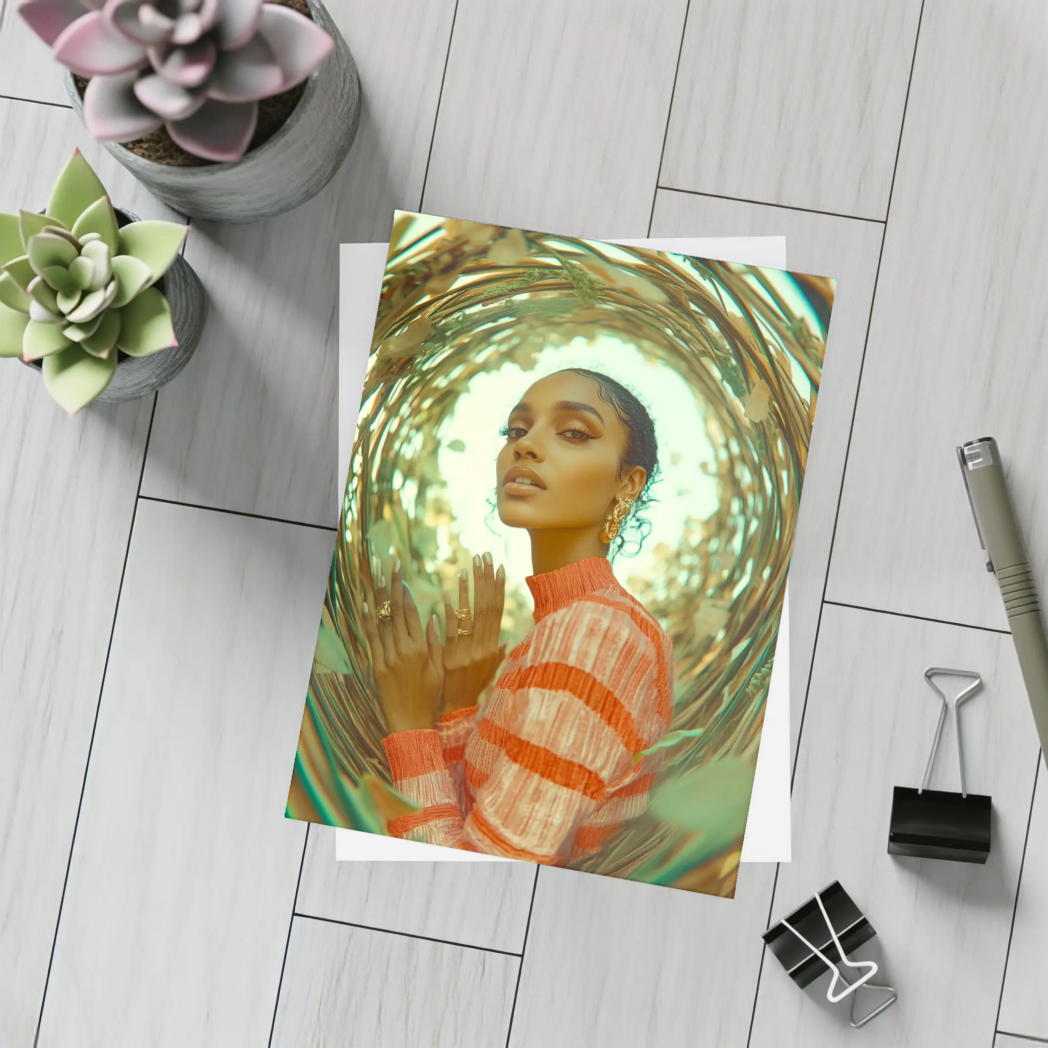 Woman in Orange Stripes Gold Botanical Frame – Postcards