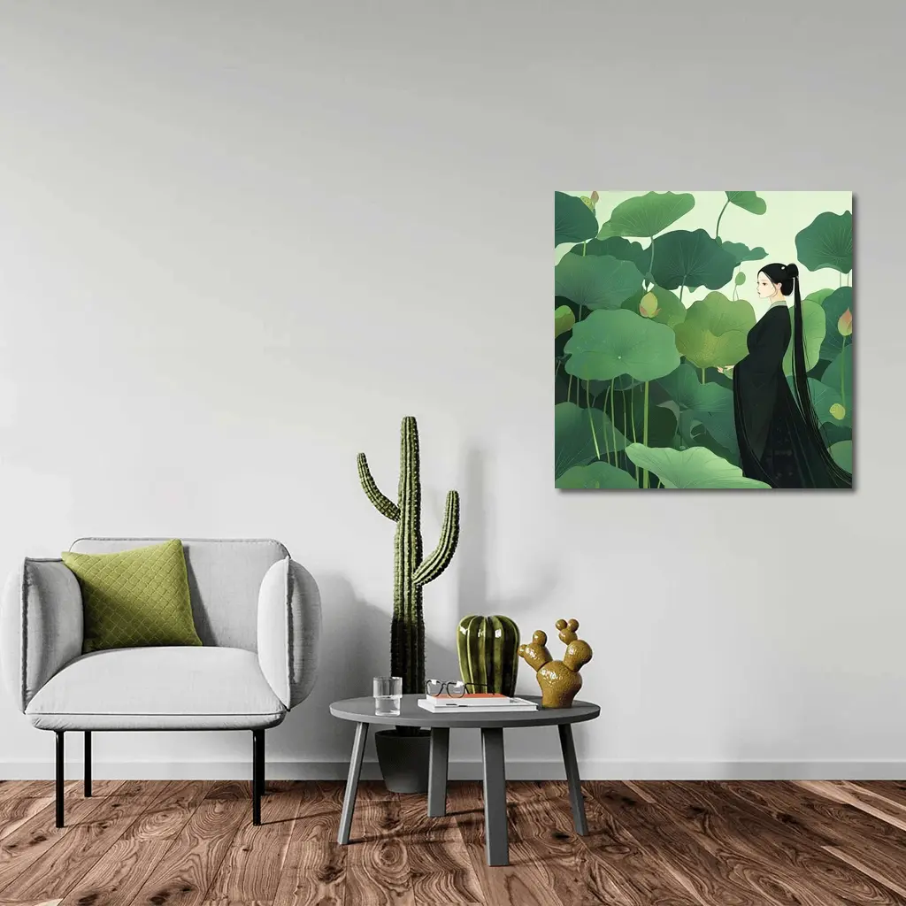 Woman in Black Among Green Lotus Leaves – Wall Art
