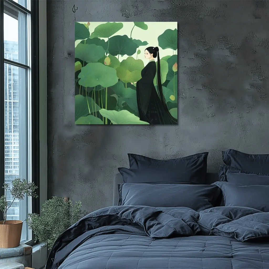 Woman in Black Among Green Lotus Leaves – Wall Art