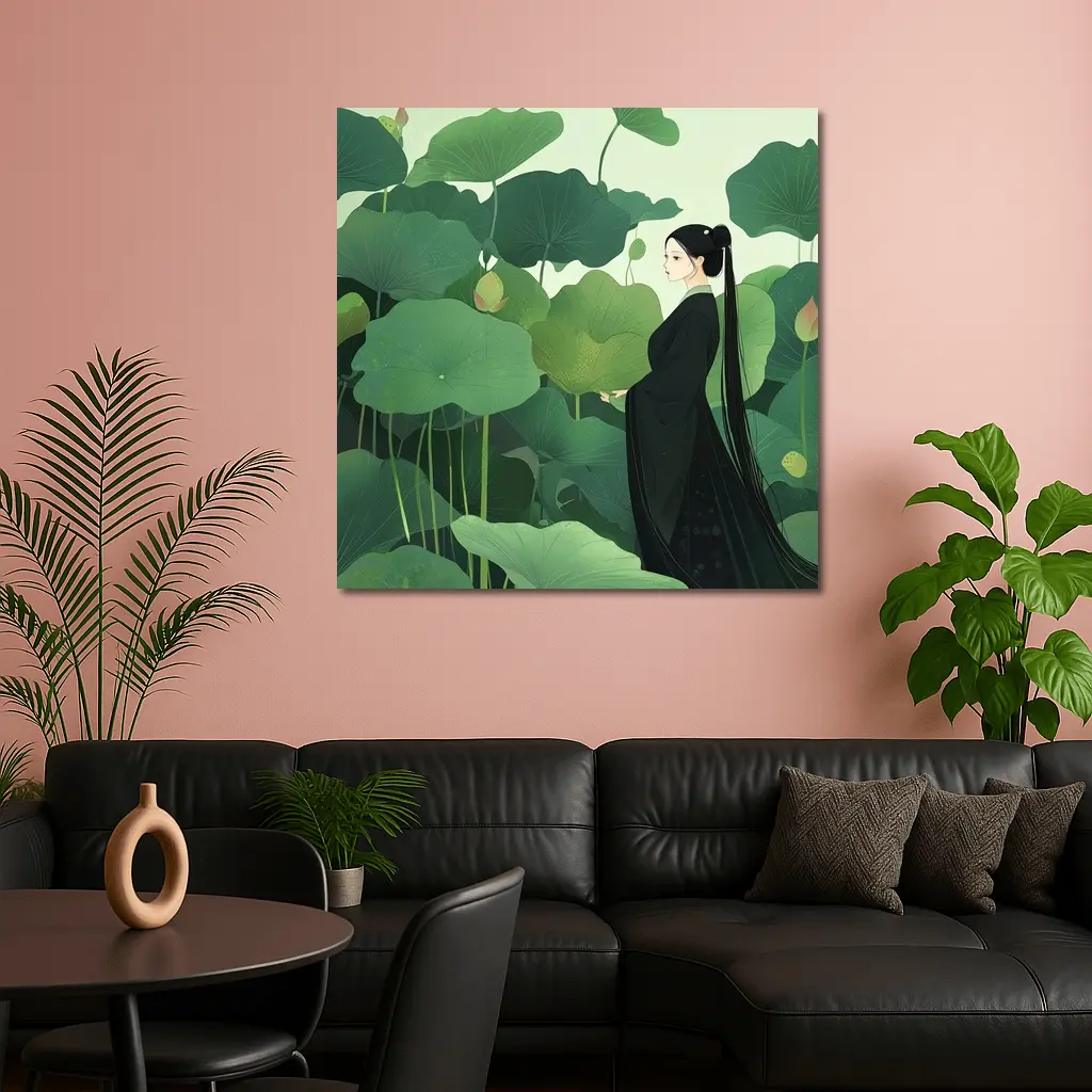 Woman in Black Among Green Lotus Leaves – Wall Art