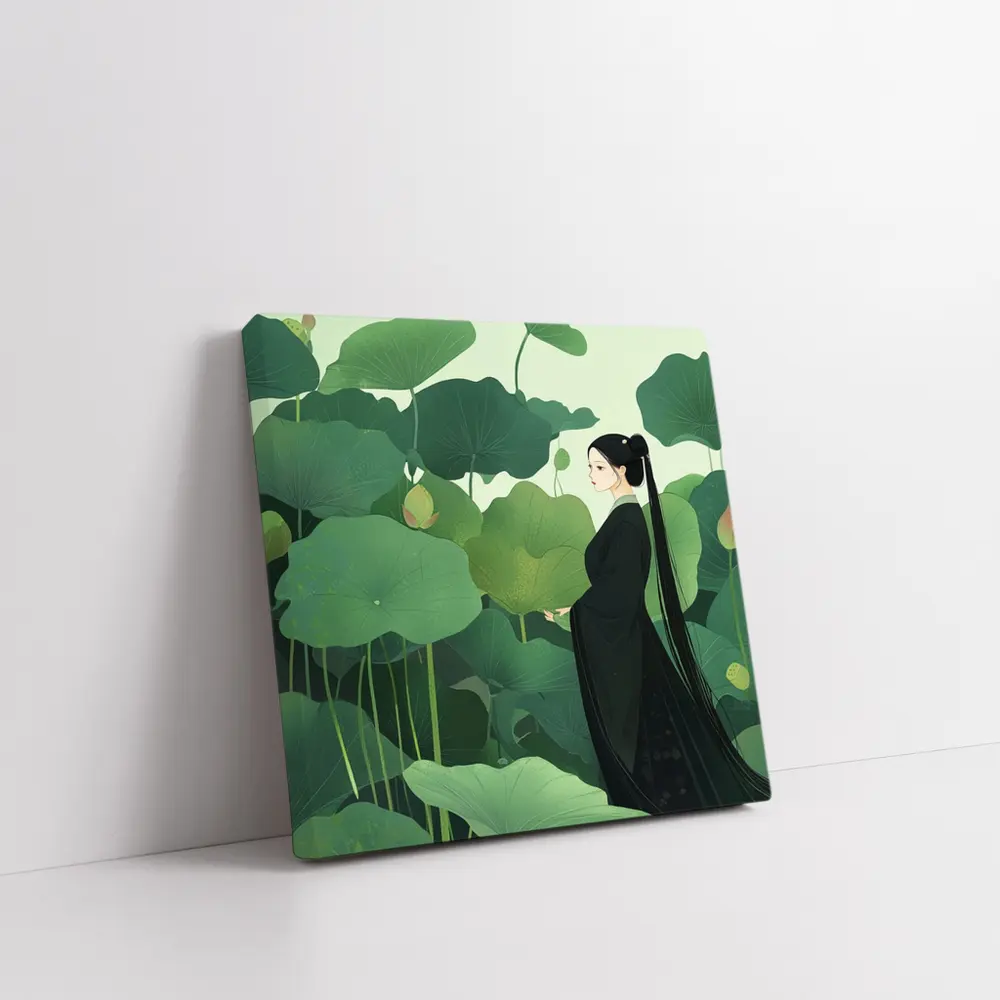 Woman in Black Among Green Lotus Leaves – Wall Art