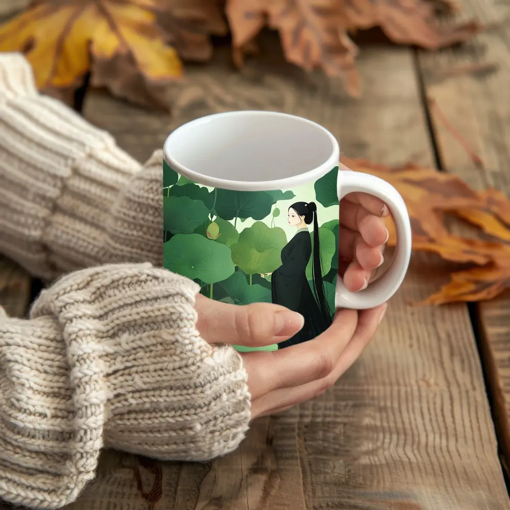 Woman in Black Among Green Lotus Leaves – Mugs