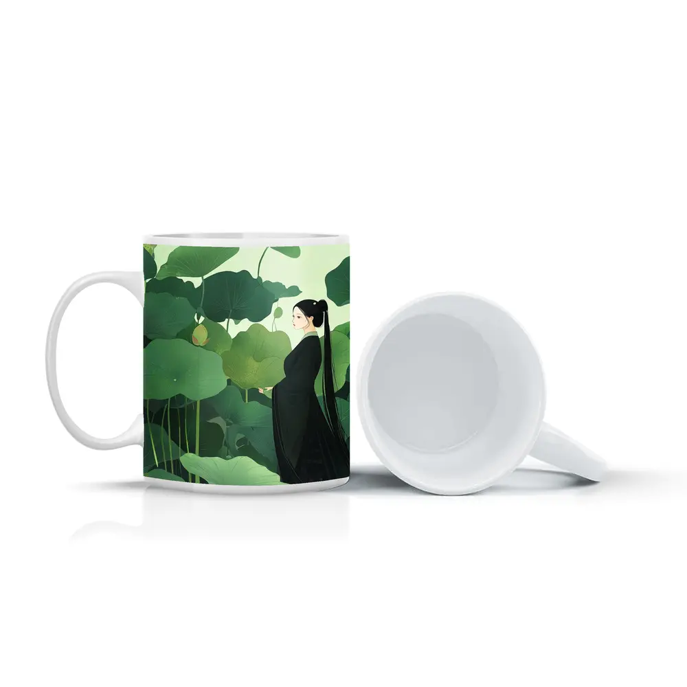 Woman in Black Among Green Lotus Leaves – Mugs