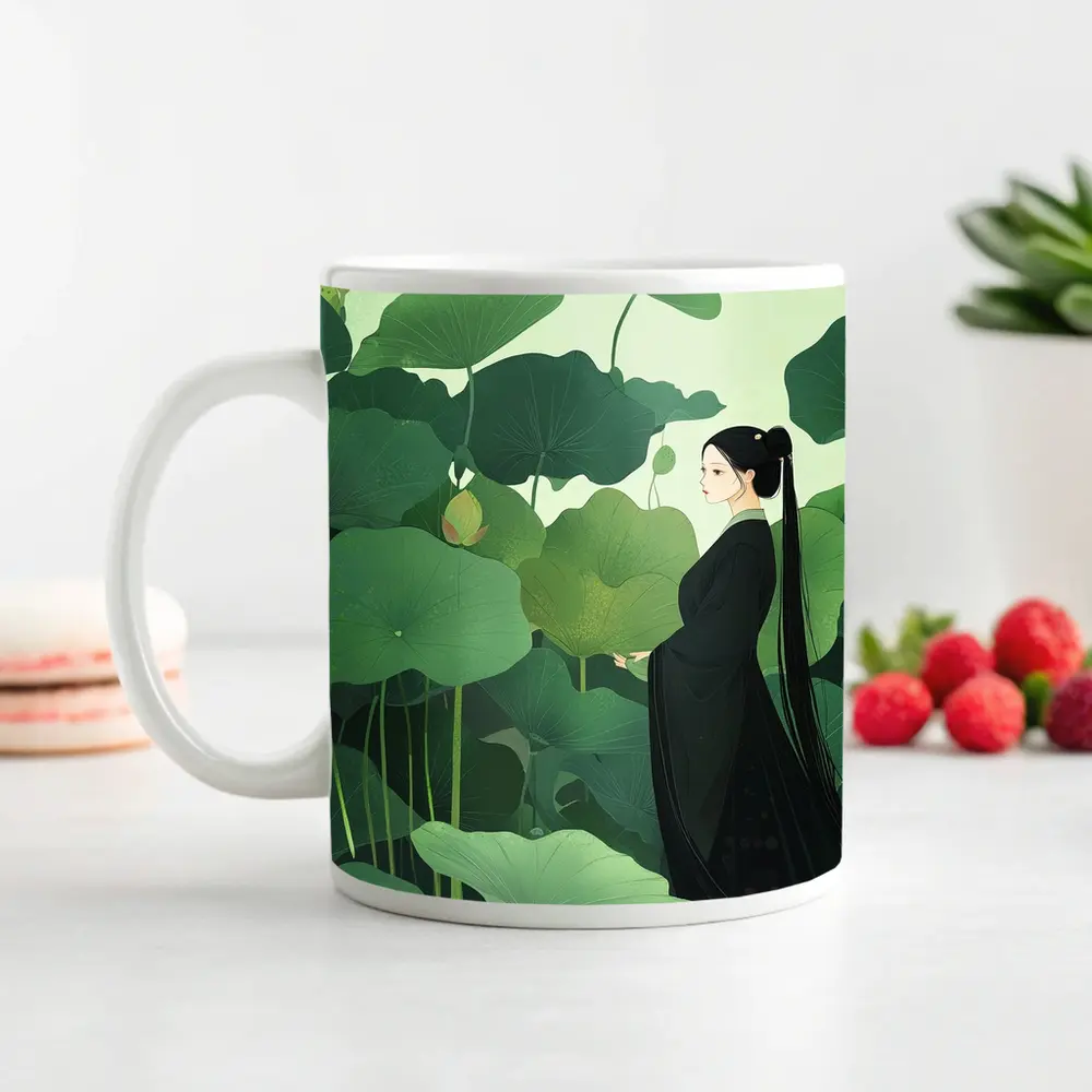 Woman in Black Among Green Lotus Leaves – Mugs