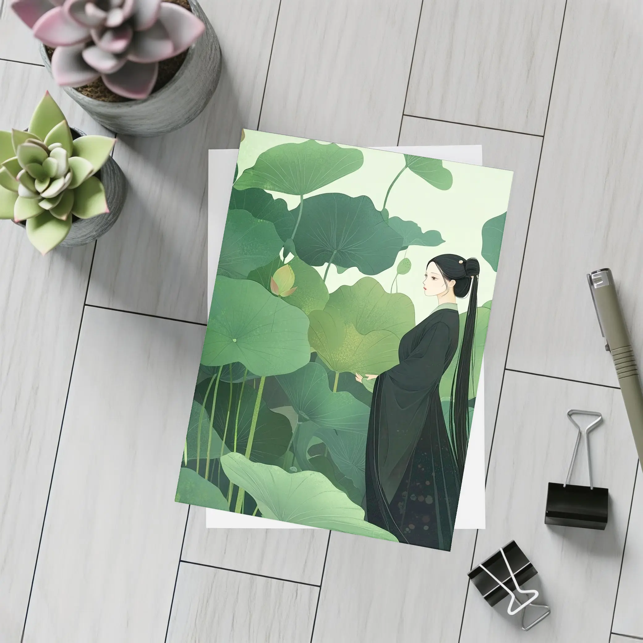 Woman in Black Among Green Lotus Leaves – Postcards