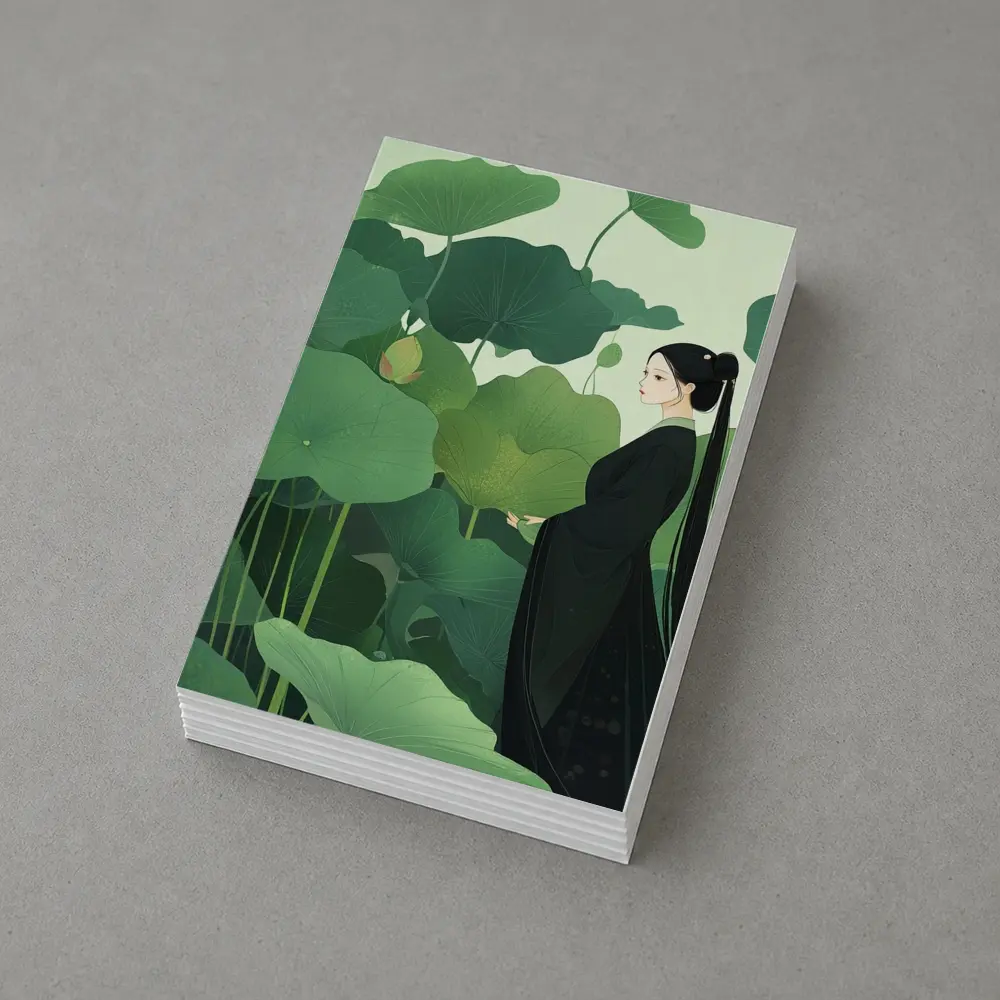 Woman in Black Among Green Lotus Leaves – Postcards
