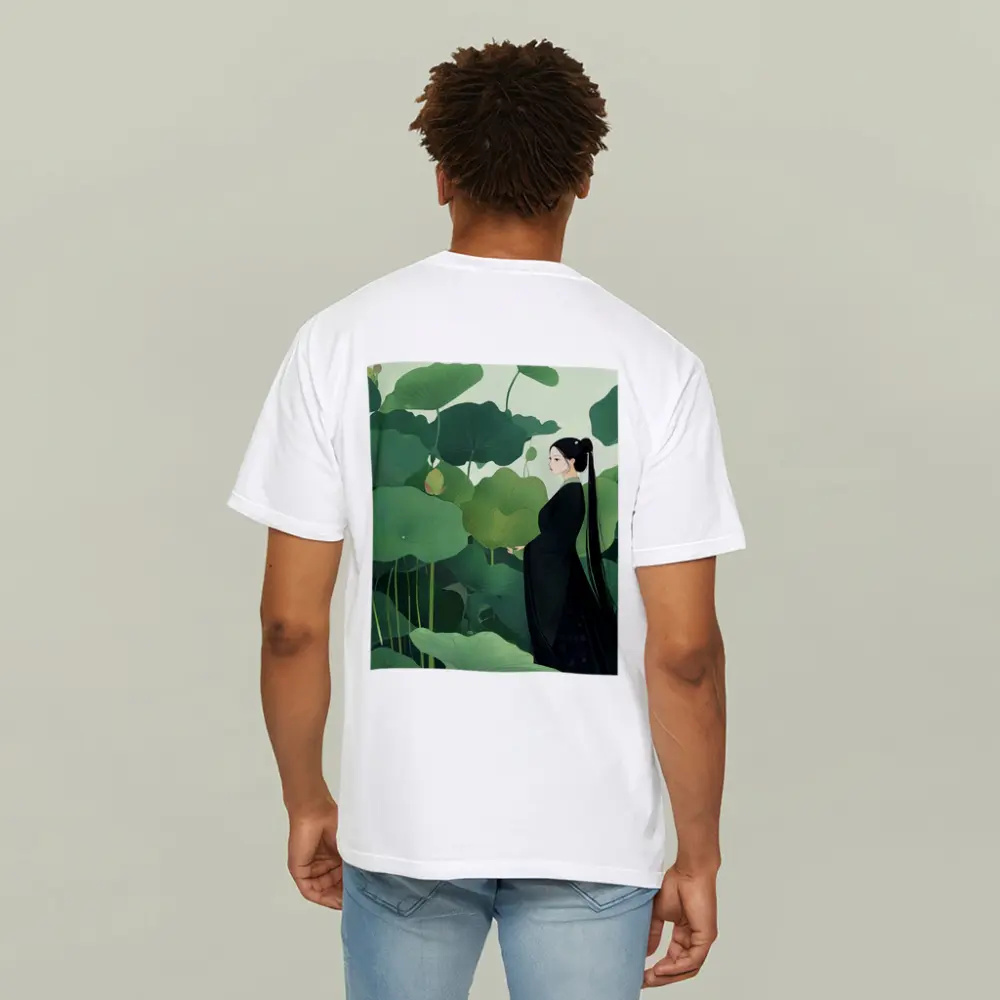 Woman in Black Among Green Lotus Leaves – T-Shirts
