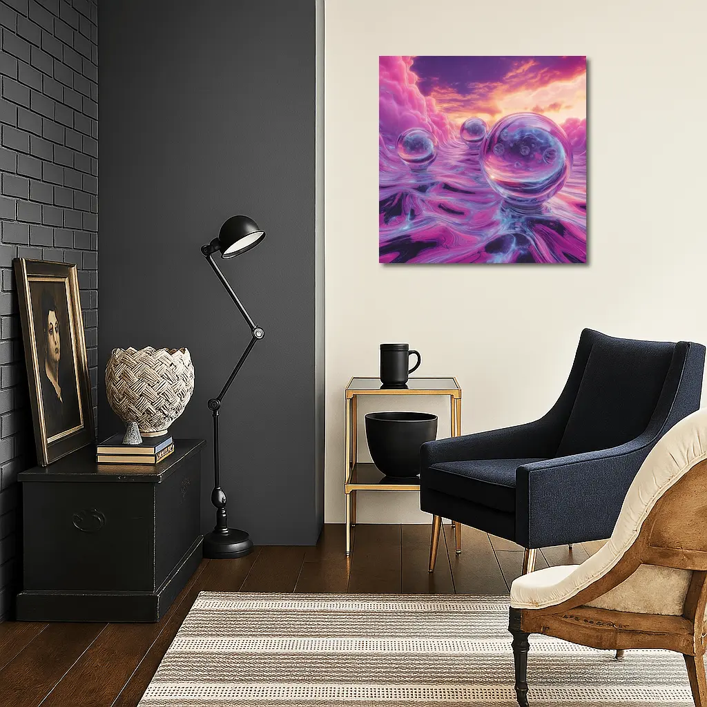 Glass Orbs Floating Over Purple Surreal Landscape – Wall Art
