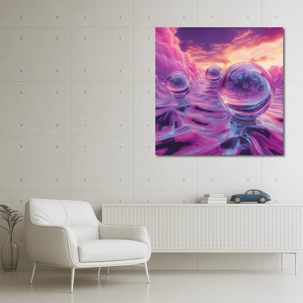 Glass Orbs Floating Over Purple Surreal Landscape – Wall Art