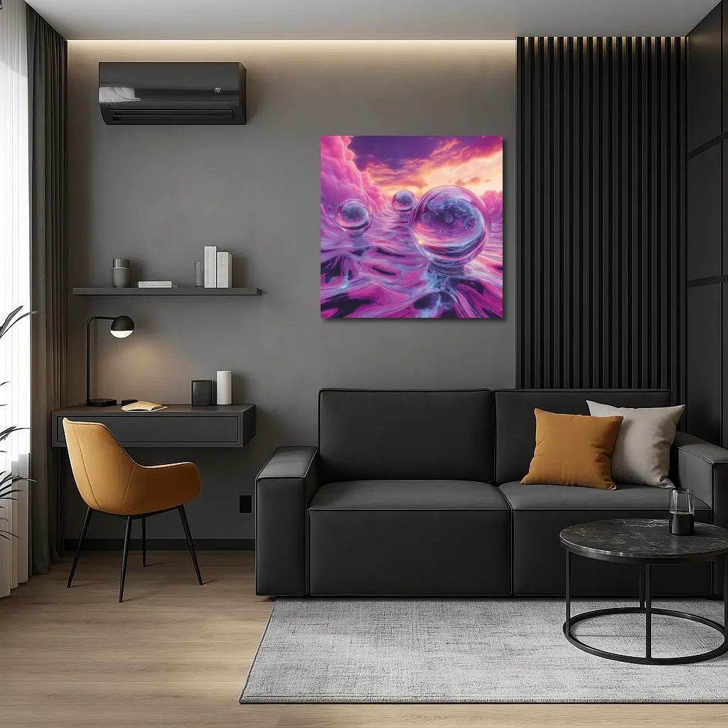Glass Orbs Floating Over Purple Surreal Landscape – Wall Art
