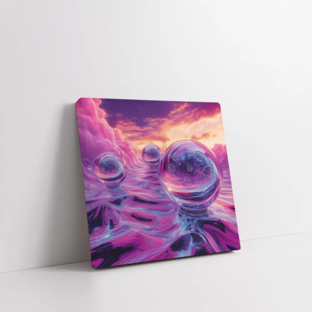 Glass Orbs Floating Over Purple Surreal Landscape – Wall Art