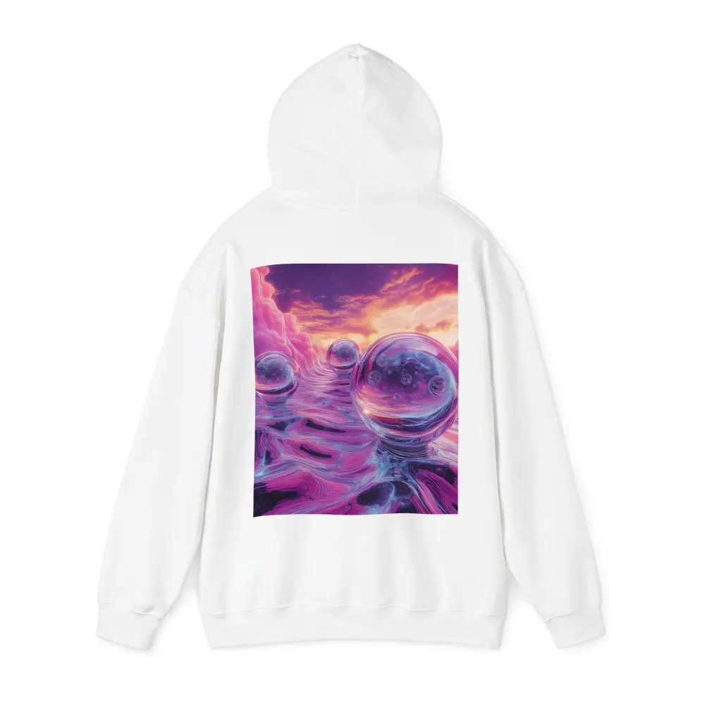 Glass Orbs Floating Over Purple Surreal Landscape – Hoodies