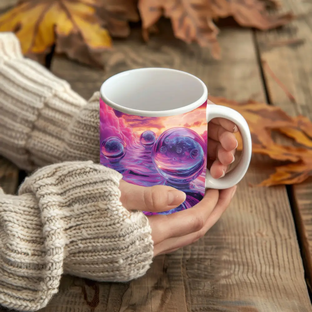 Glass Orbs Floating Over Purple Surreal Landscape – Mugs