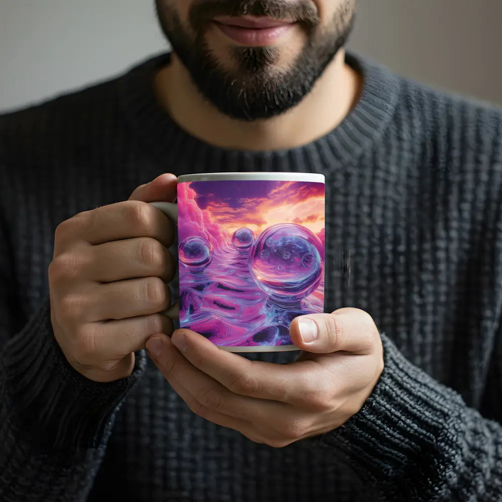 Glass Orbs Floating Over Purple Surreal Landscape – Mugs