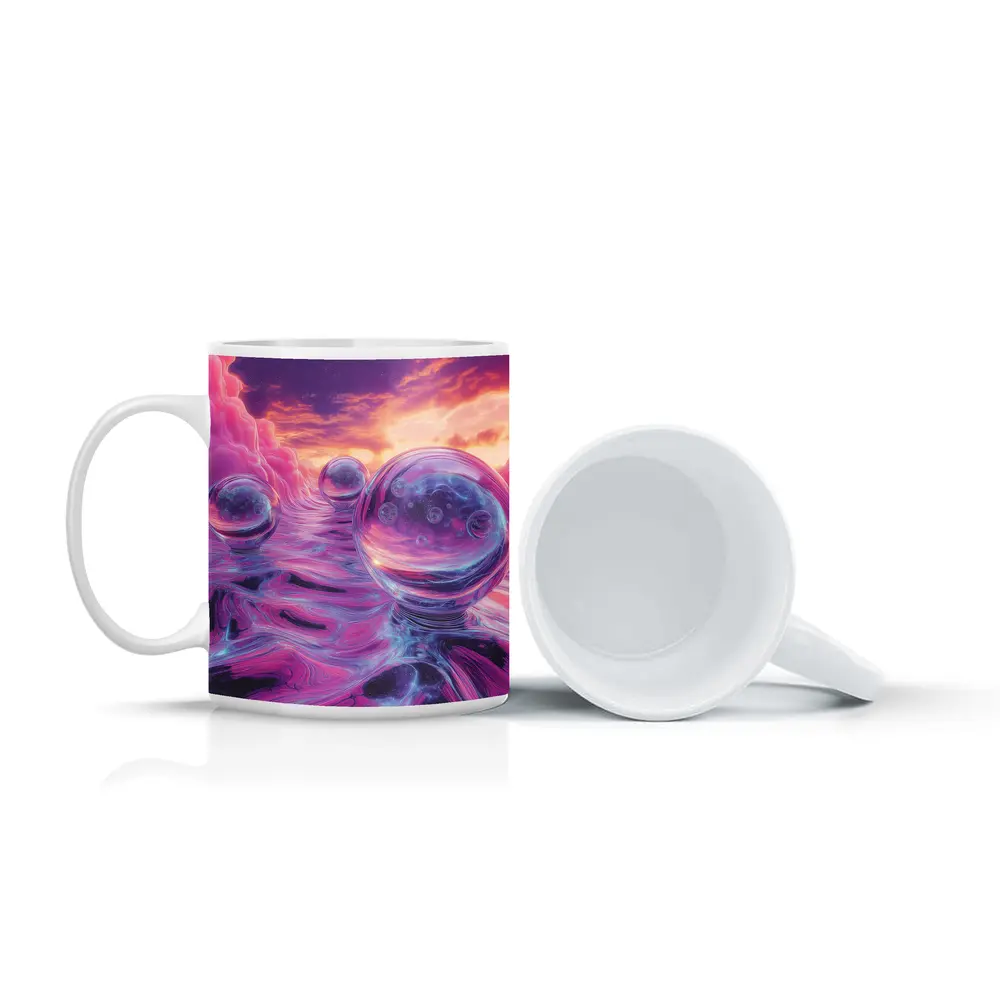 Glass Orbs Floating Over Purple Surreal Landscape – Mugs