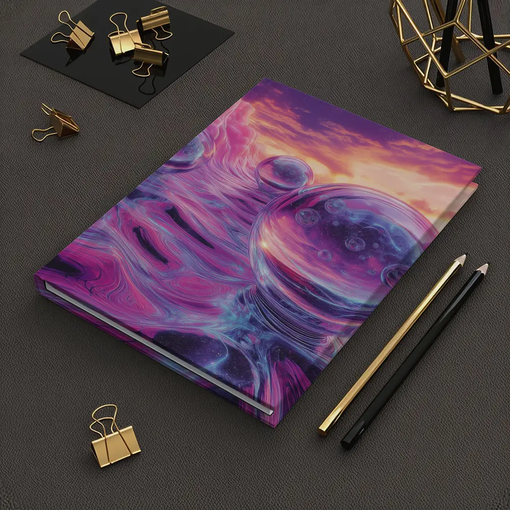 Glass Orbs Floating Over Purple Surreal Landscape – Notebooks