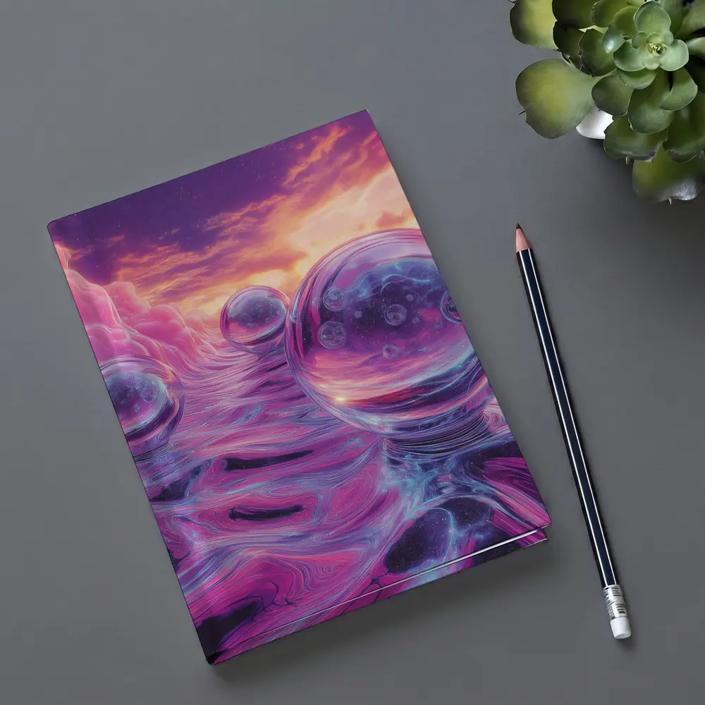 Glass Orbs Floating Over Purple Surreal Landscape – Notebooks